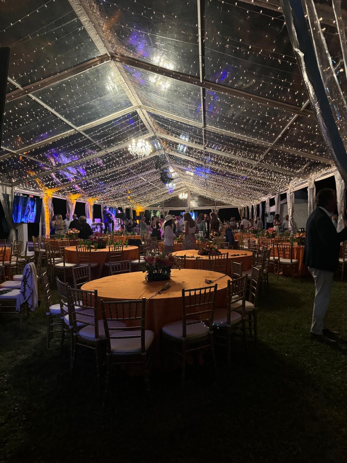 twinkle lights in clear tent for wedding reception