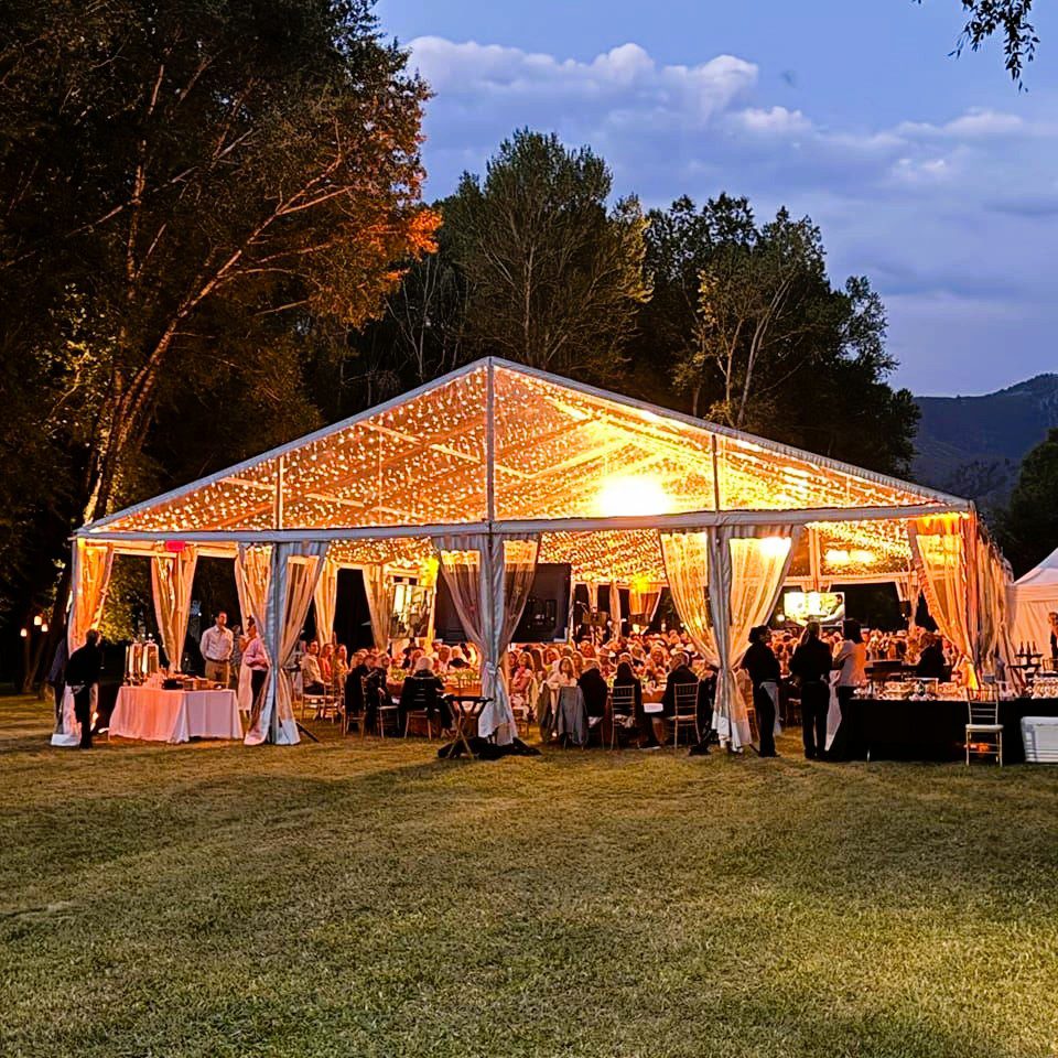 wedding tent with string lights