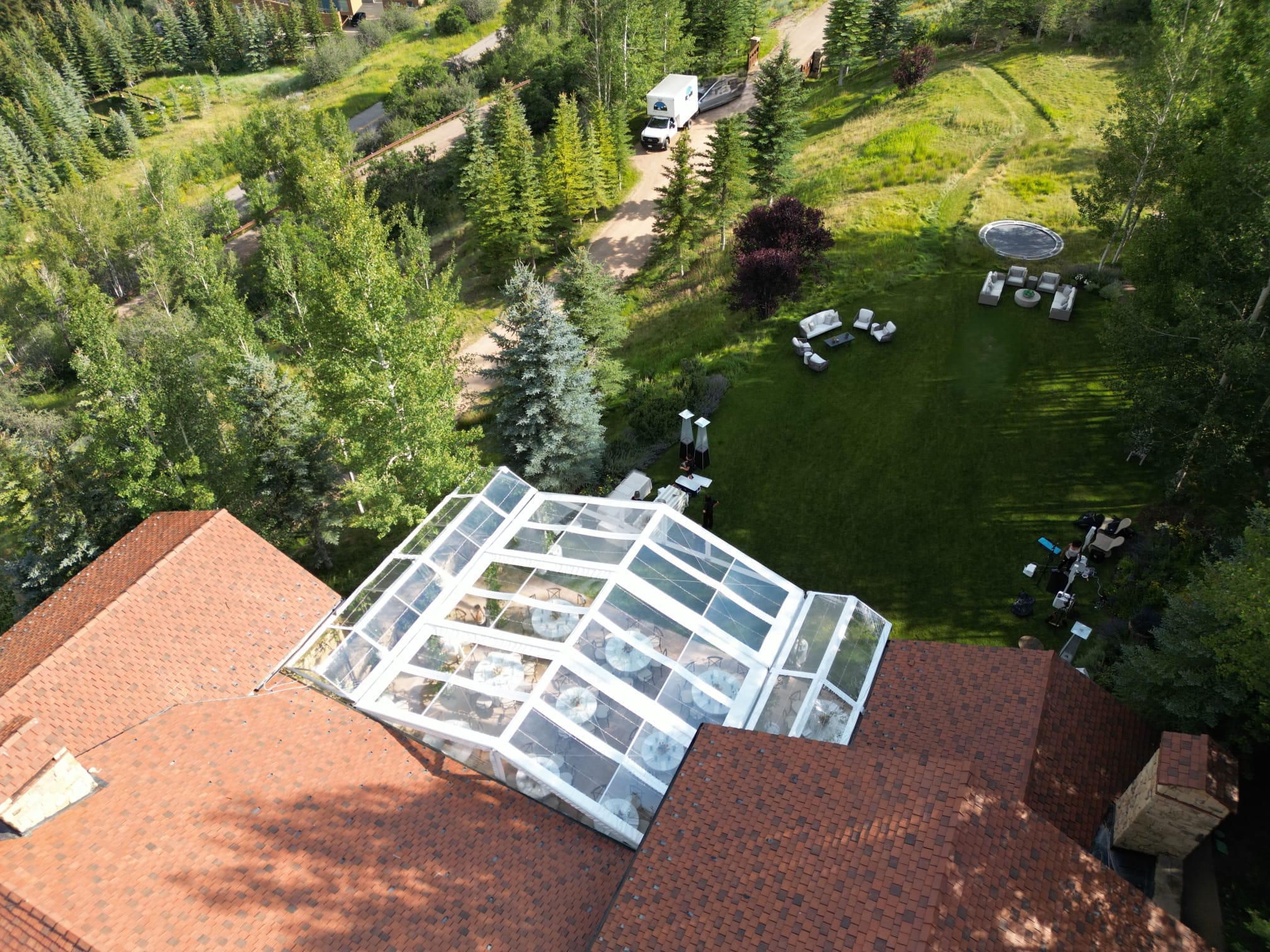 aerial view of outdoor wedding reception